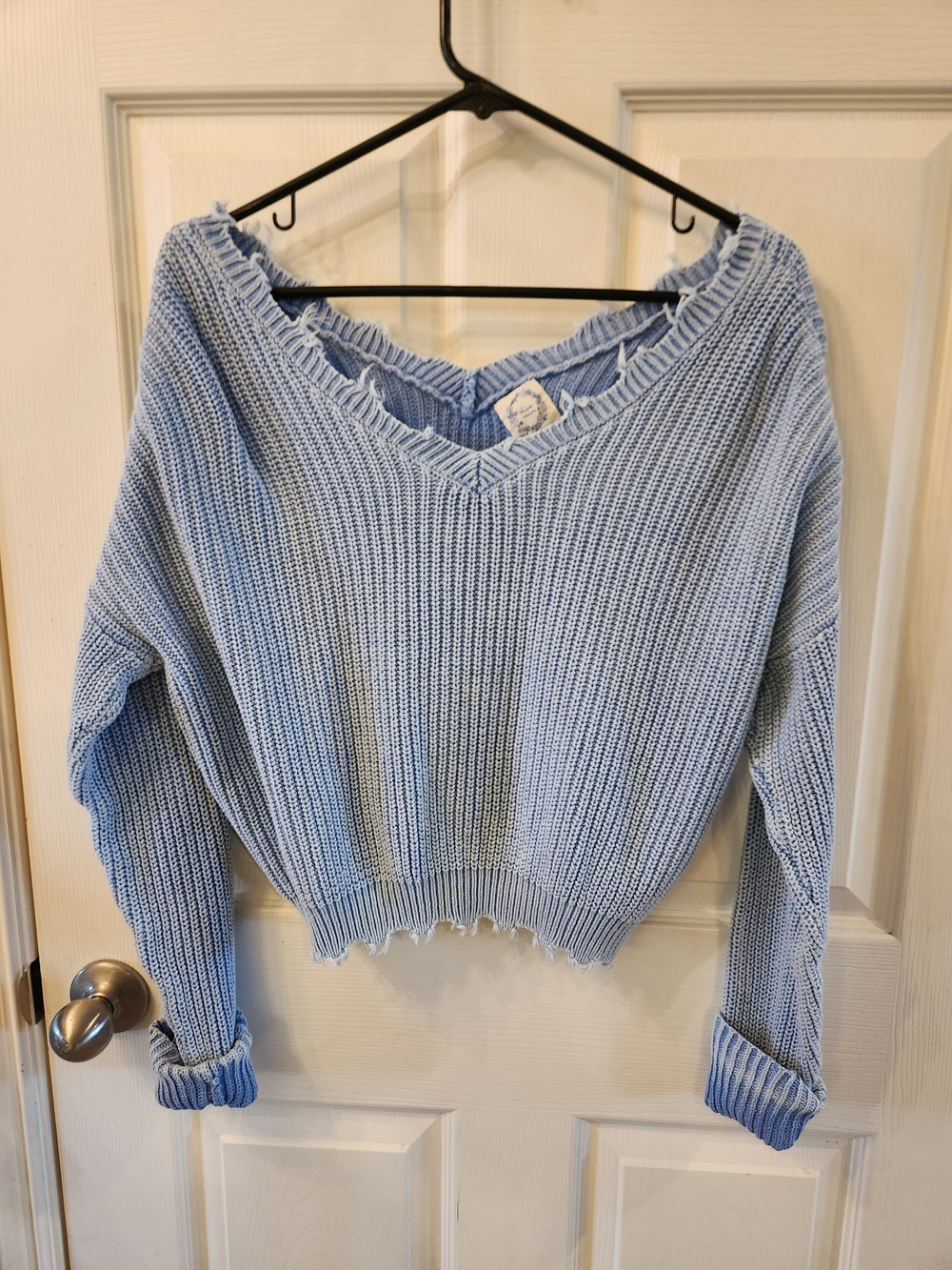 Blue Rain Light Blue V-Neck Pastel Cropped Sweater, Medium
